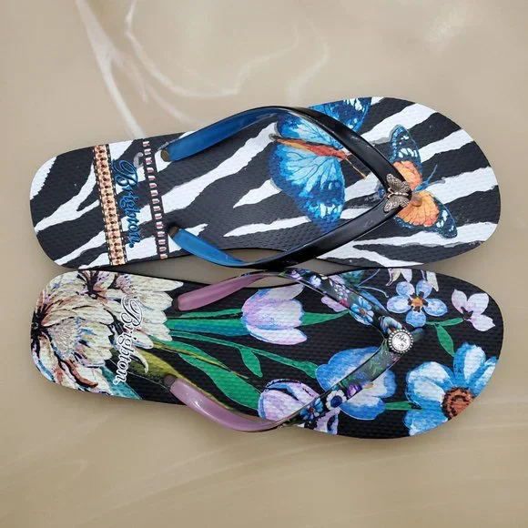 Brighton Black Floral Noir Jardin Mismatched  Flip Flops - Size 10 - Picture 7 of 12